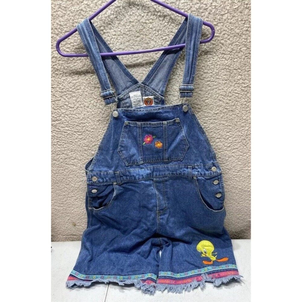 LOONEY TUNES TWEETY BIRD GIRLS DENIM OVERALL SHORTS SZ 14-1/2 NWT